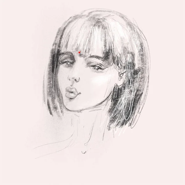 Croquis au crayon dessiné à la main avec le visage d'une fille. Portrait féminin. — Photo