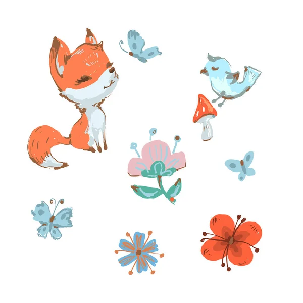 Mignon renard et oiseau, champignon papillon et fleurs collection printemps — Image vectorielle