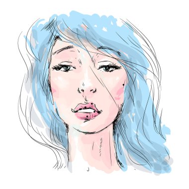 Güzel kız yüzü ve uzun mavi saçlar. Davetiye, düğün, doğum günü ve tebrik kartları, salonlar, güzellik ve moda endüstrisi için suluboya çizimi..