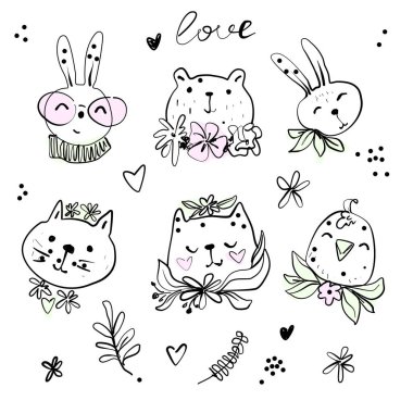 Bahar çiçekli sevimli hippi hayvanlar çizim çizgisi, tavşan ayı kedi.