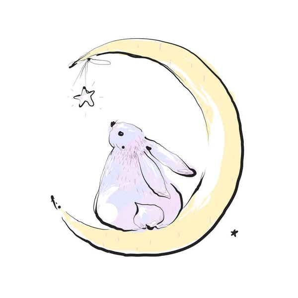 Lapin assis sur la lune et regardant l'étoile. Carte avec lapin mignon. Concept idée. Bonne nuit. Peut être utilisé pour les enfants. Ilustration vectorielle — Image vectorielle