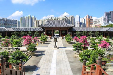 Hong Kong - 11 Ağustos 2013: Nan Liang Garden 'daki tapınak arka planda binalarla çevrili güzel bahçelerle çevrili