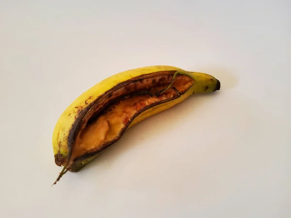 a ripe banana that has split open and is starting to rot