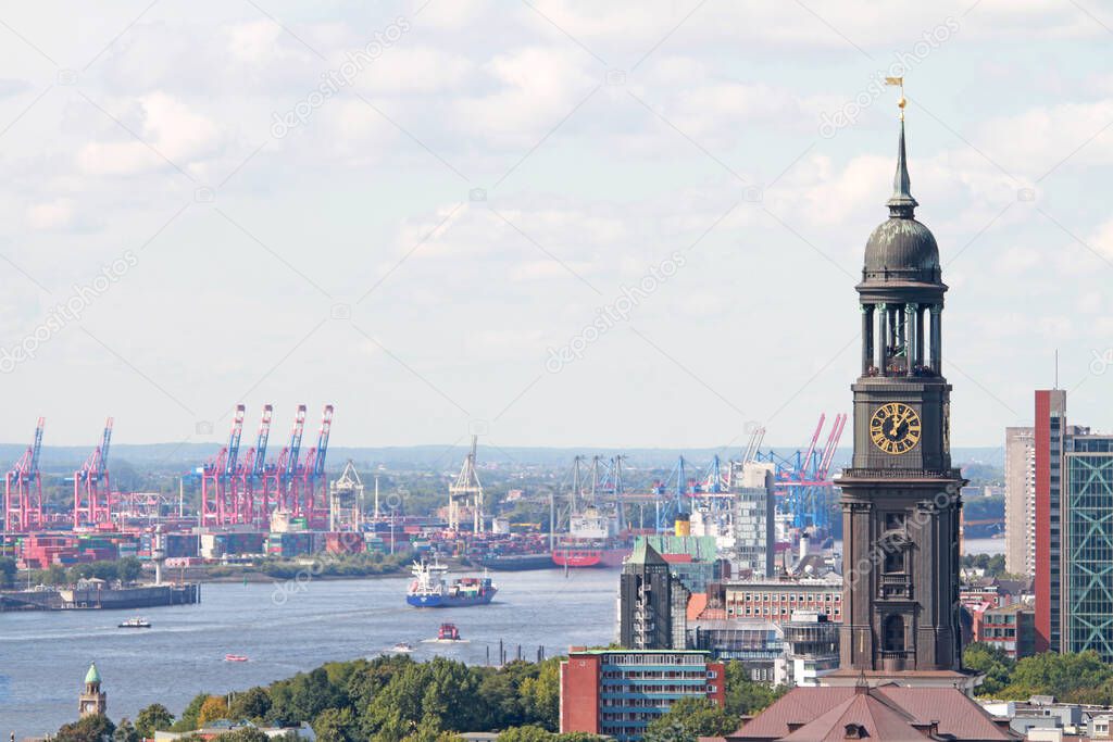 Hamburg with its landmark Michel and the harbor