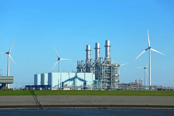 gas-fired power plant and wind turbines