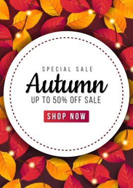 Sonbahar indirimli yapraklı afiş arkaplanı. % 50 'ye kadar özel teklif. Premium Vektör