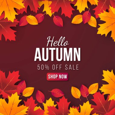 Merhaba yapraklı sonbahar indirimi afişi. % 50 'ye kadar özel teklif. Premium Vektör