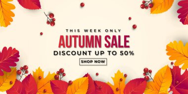 Sonbahar indirimli yapraklı afiş arkaplanı. % 50 'ye kadar özel teklif. Premium Vektör