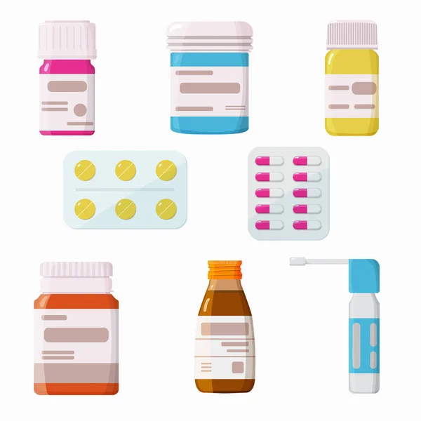 Medicina Farmácia Conjunto Hospitalar Medicamentos Comprimidos Cápsulas Vitaminas Tintura Spray —  Vetores de Stock