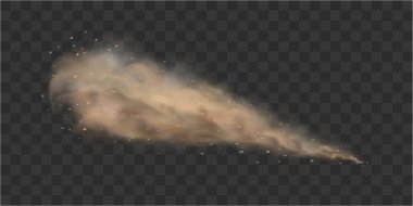 Hareket halindeki bir arabanın tekerlerinin altından kaçan küçük uçan kahverengi tozlu bir bulut. Vektör illüstrasyonu şeffaf arkaplanda izole edildi.
