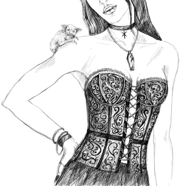 Main dessin vampire femme avec chauve-souris sur l'épaule. Grafique noir sur fond blanc — Photo