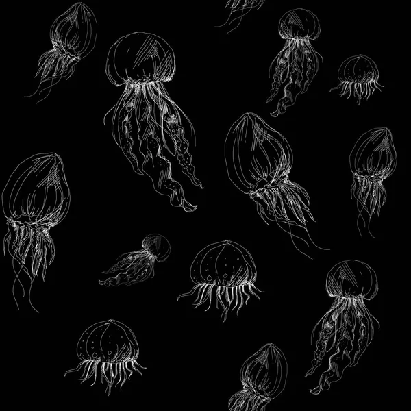 Disegno a mano modello grafico di meduse. bianco granuloso su fondo nero — Foto Stock
