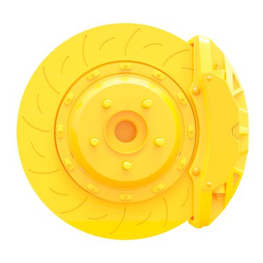 Araba için sarı fren diski. Beyaz arkaplanda ve kırpma yolunda izole edildi. 3B Hazırlama.