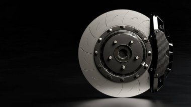 Disk ve Kara Calliper açık. Yol ıslak ve karanlık görünüyor. Kırpma yolu olan yarış arabasından frenle ve metin için alanı kopyala. 3B Hazırlama.
