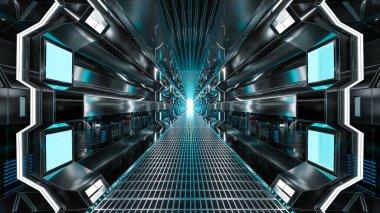 Gerçekçi uzay gemisi bilim kurgu koridoru arkaplanı, 3D görüntüleme.