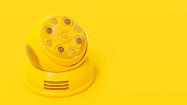 Sarı modern güvenlik kamerası sarı arka planda. Metnin için yol kırpılıyor ve boşluk kopyalanıyor. Gözetleme ve Güvenlik Konsepti, 3B Hazırlama.