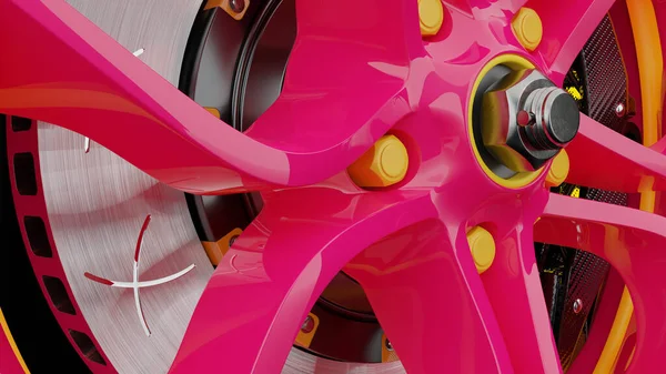 Pinkfarbenes Leichtmetallrad Und Moderne Bremsscheibe Nahaufnahme Renderer — Stockfoto