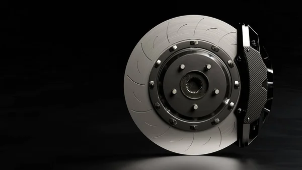 Disk ve Kara Calliper açık. Yol ıslak ve karanlık görünüyor. Kırpma yolu olan yarış arabasından frenle ve metin için alanı kopyala. 3B Hazırlama.