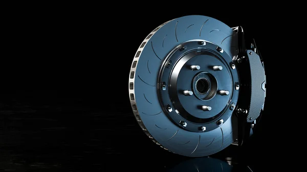 Disk ve Kara Calliper açık. Yol ıslak ve karanlık görünüyor. Kırpma yolu olan yarış arabasından frenle ve metin için alanı kopyala. 3B Hazırlama.