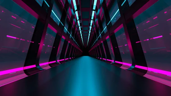 Karanlık Gece Uzay Gemisi. Bilim kurgu koridoru. Teknoloji arkaplan bağlantısı, 3 boyutlu oluşturma.