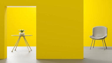 Sarı-gri odada yuvarlak masa ve sandalye ve metin için kopyalama alanı. Minimum fikir konsepti. 3d Hazırlama.