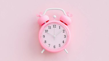 Pembe arka planda pembe çalar saat. Metnin için yol kırpılıyor ve boşluk kopyalanıyor. Asgari fikir konsepti, 3B Render.