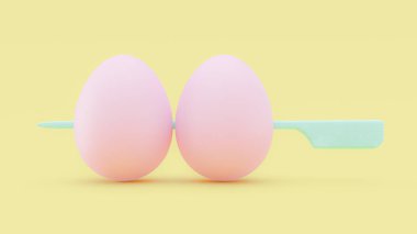 Pembe yumurta sarı arka planda mavi şişe çarptı. Pastel konsept, 3B Render.