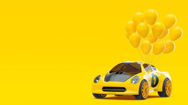 Sarı araba, arabanın yanında bir numara ve sarı balon. Asgari fikir konsepti, 3B Render.