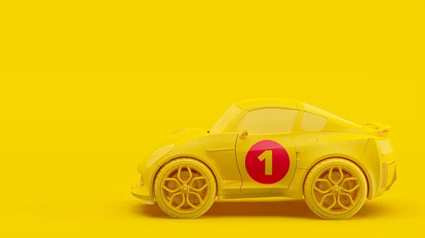 Yellow car with number one on the side of the car on yellow background. Minimal idea concept, 3D Render.