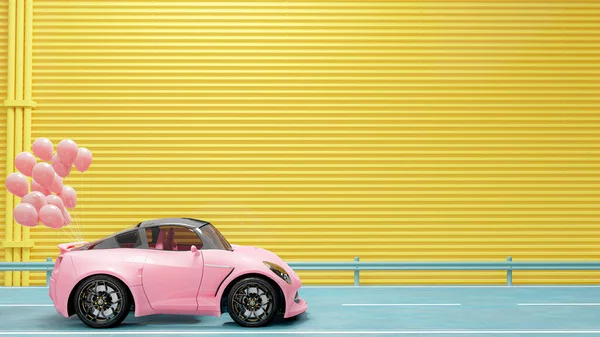 Pink car and pink balloon. Drive on blue-green road and yellow wall. 3D Render.