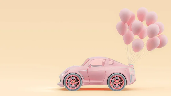Pink car and pink balloon pastel color on yellow background. Minimal idea concept, 3D Render.