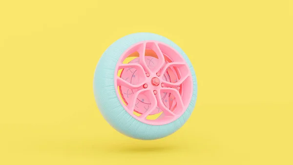Pink Car Wheel Yellow Background Clipping Path Minimal Idea Concept — Stock Photo, Image