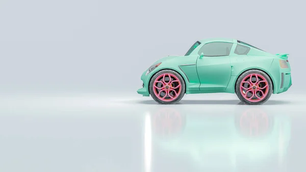 Green car with pink wheel. 3D Render.