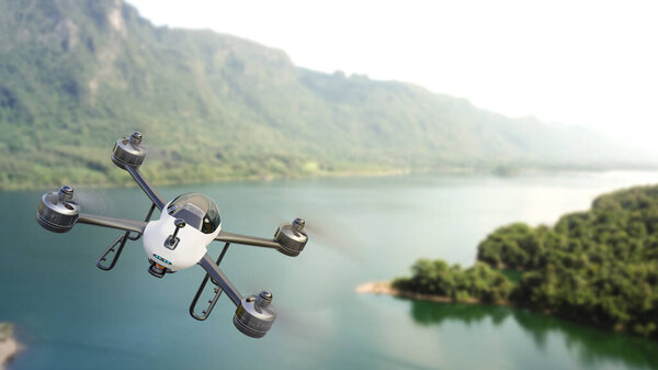 Drone flying on landscape of the misty mountains at sunset. 3D Render.