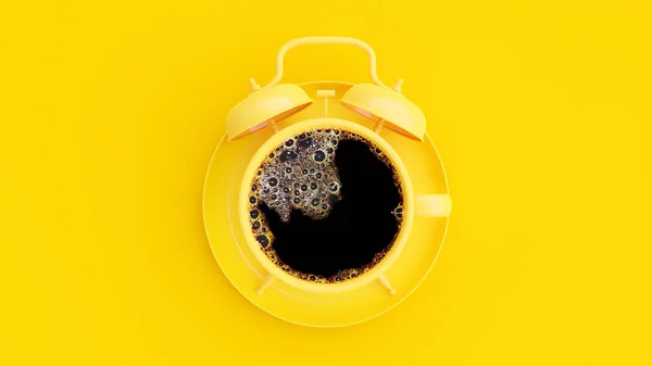 Café Xícara Amarela Que Parece Com Despertador Fundo Amarelo Conceito — Fotografia de Stock
