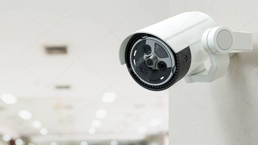 Security CCTV camera on blurred office background. Surveillance and Security concept, 3D Render.