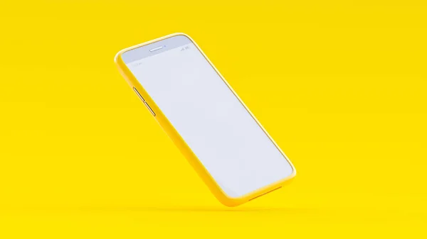 mobile phone in yellow case Mock-Up on yellow background. minimal idea concept, 3D Render.