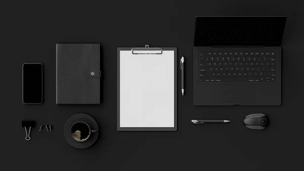 Escritório Preto Flat Lay Vista Superior Com Computador Portátil Área — Fotografia de Stock