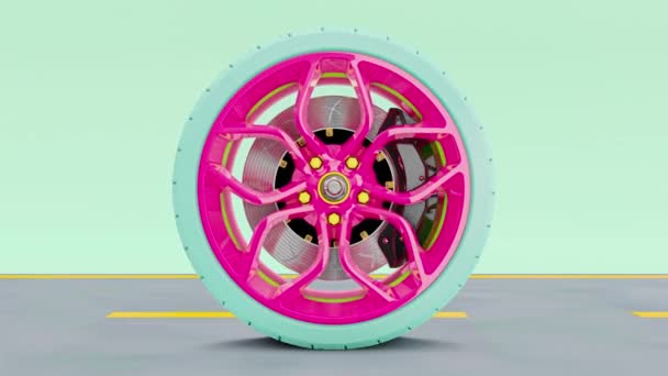 Roda de liga rosa com pneus azuis. — Vídeo de Stock