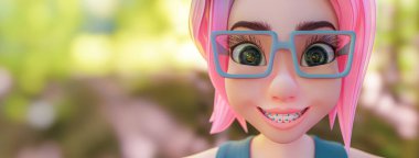 Büyük gözlü, gözlüklü ve diş teli takan küçük kız doğa yolunda mutlu bir şekilde gülümsüyor. Çizgi film karakterinin ifadesi. Metin ve afiş boyutunuz için boşluk kopyala, 3B Render.