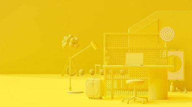 Evden çalışmak için sarı ofis. Dizüstü bilgisayar ve bir sürü konfor. Asgari fikir konsepti, 3B Render.