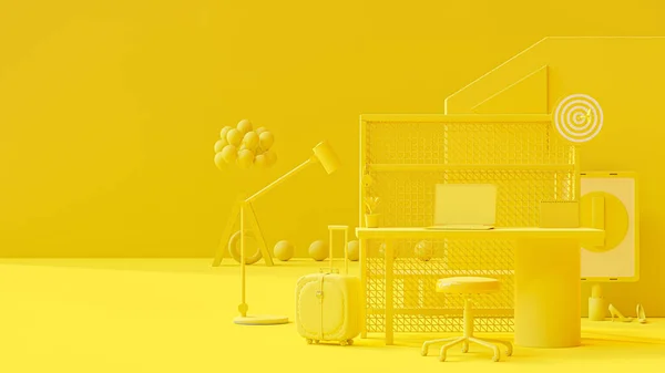 Evden Çalışmak Için Sarı Ofis Dizüstü Bilgisayar Bir Sürü Konfor — Stok fotoğraf