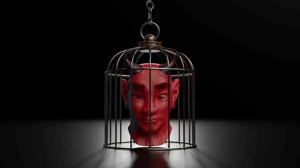 Red Devil Head Trapped Cage Render — ストック写真
