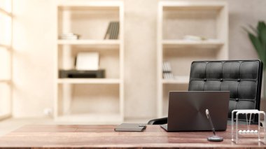 Laptop on desk in the office. light from side and copy space for your text or advertising banners. 3D Render.