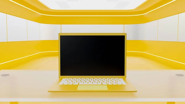 Ноутбук Столі Скла Жовтій Порожній Кімнаті Схоже Наукову Лабораторію Рендеринг — стокове фото