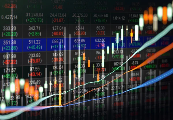 Datos financieros en un monitor, gráfico de barra de vela del mercado de valores  , —  Fotos de Stock