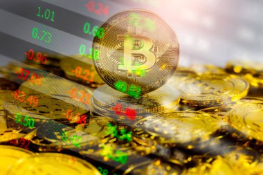 Modern bir takas yöntemi. Bitcoin küresel ekonomi piyasasında uygun bir ödemedir. Sanal dijital para birimi ve finansal yatırım ticaret kavramı. Altın bitcoin arka planına sahip soyut kripto para birimi.