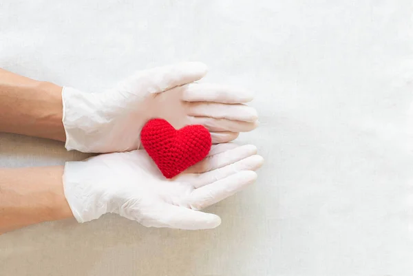 Hand with gloves holding red heart on white isolated background. Concept for medical heart health, cardiology, insurance plan, organ donation, doctor day, world heart day, hypertension disease.
