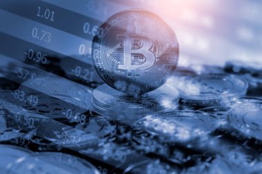 Modern bir takas yöntemi. Bitcoin küresel ekonomi piyasasında uygun bir ödemedir. Sanal dijital para birimi ve finansal yatırım ticaret kavramı. Altın bitcoin arka planına sahip soyut kripto para birimi.