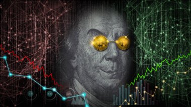 Benjamin Franklin ve Bitcoin gözlükleri borsada veya ön ödeme grafiğinde. Bitcoin küresel ekonomi piyasasında uygun bir ödemedir. Sanal dijital para birimi ve finansal yatırım ticaret kavramı.